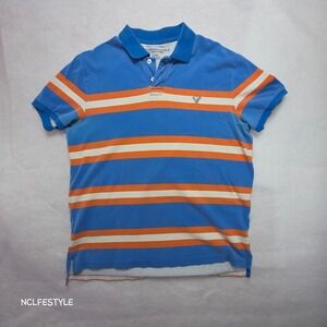 American Eagle Mens Striped Polo Shirt Blue Orange XL Athletic Fit vintage 02/12
